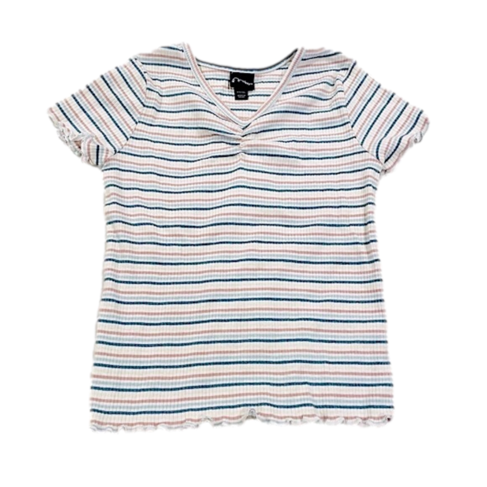 Art Class Stripe V-Neck Short Sleeve Frilled Lettuce Hem Ribbed T-Shirt Girl’s S